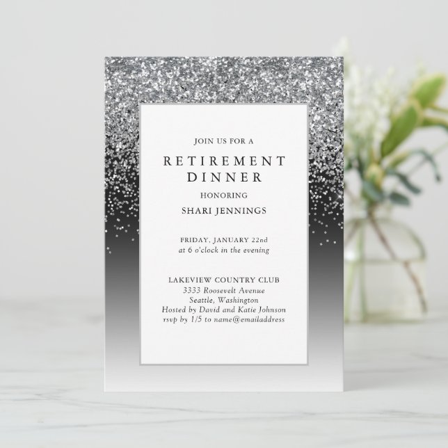 Invitación Elegante Fiesta de retiro negro plateado (Anverso de pie)