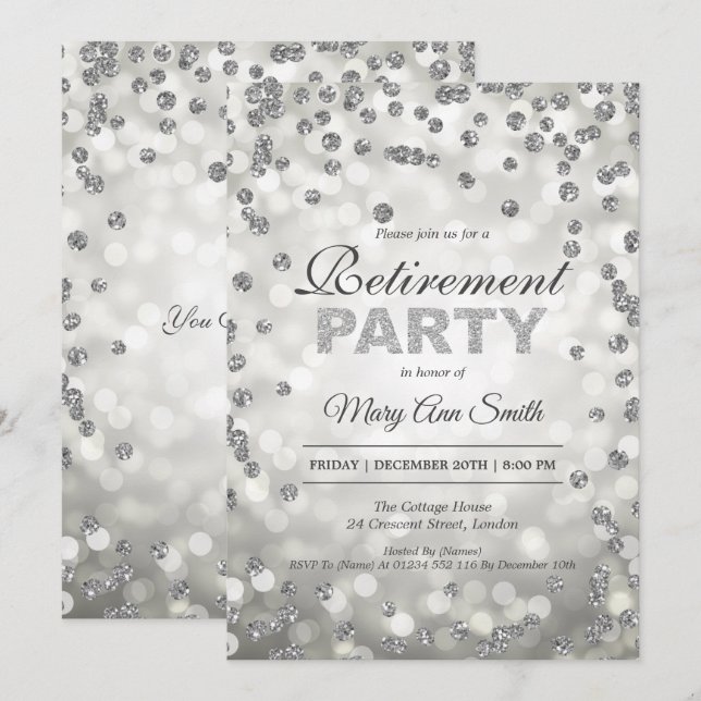 Invitación Elegante Fiesta de retiro plateado Confetti y luce (Anverso / Reverso)