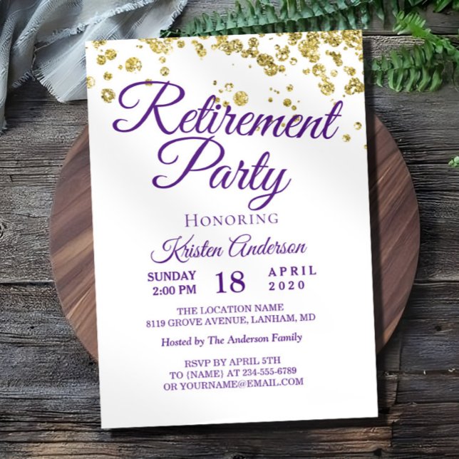 Invitación Elegante fiesta de retiro Purpurina de oro (Subido por el creador)