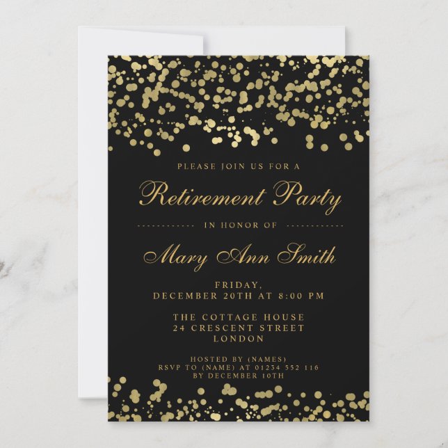 Invitación Elegante Fiesta de retiro Relieve metalizado dorad (Anverso)