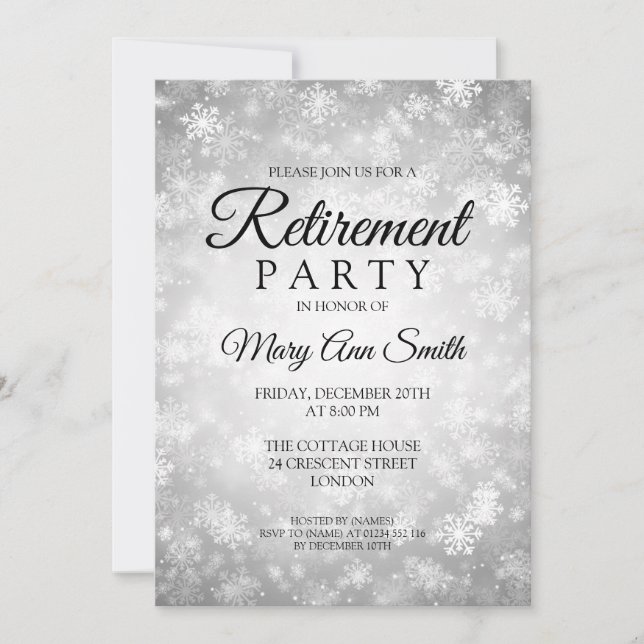 Invitación Elegante Fiesta de retiro Silver Winter Wonderland (Anverso)