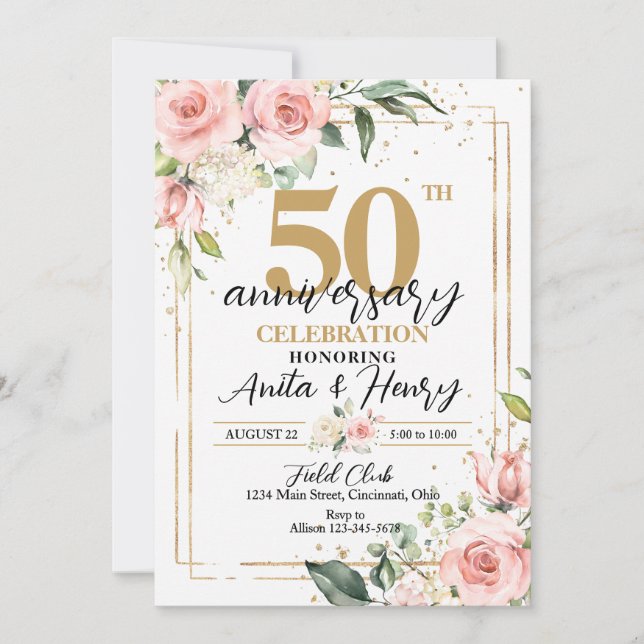 Invitación Elegante Fiesta de rosas rosadas 50 años (Anverso)