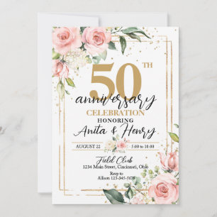 Invitación Elegante Fiesta de rosas rosadas 50 años