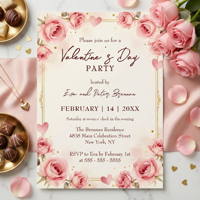 Invitación Elegante Fiesta de San Valentín con Acuarela Rosa (Subido por el creador)