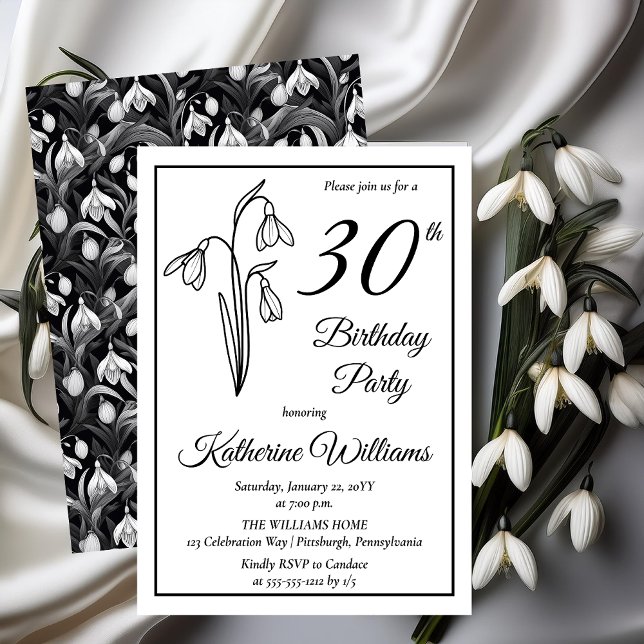 Invitación Elegante Fiesta de Snowdrop Cumpleaños 30 (Elegant January Birth Month Snowdrops Floral "30th Birthday Party" Invitations -- Print | Download)