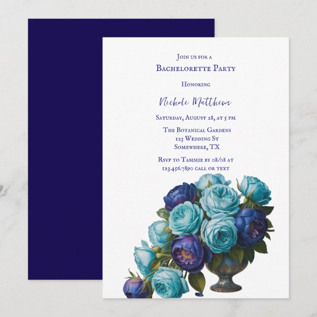 Invitación Elegante fiesta de soltera floral azul turquesa (Anverso / Reverso)