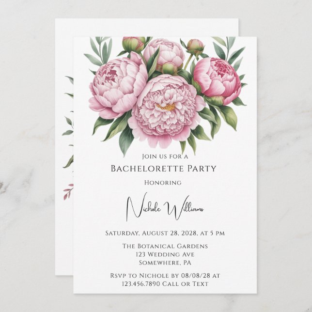 Invitación Elegante fiesta de soltera floral de Peony (Anverso / Reverso)