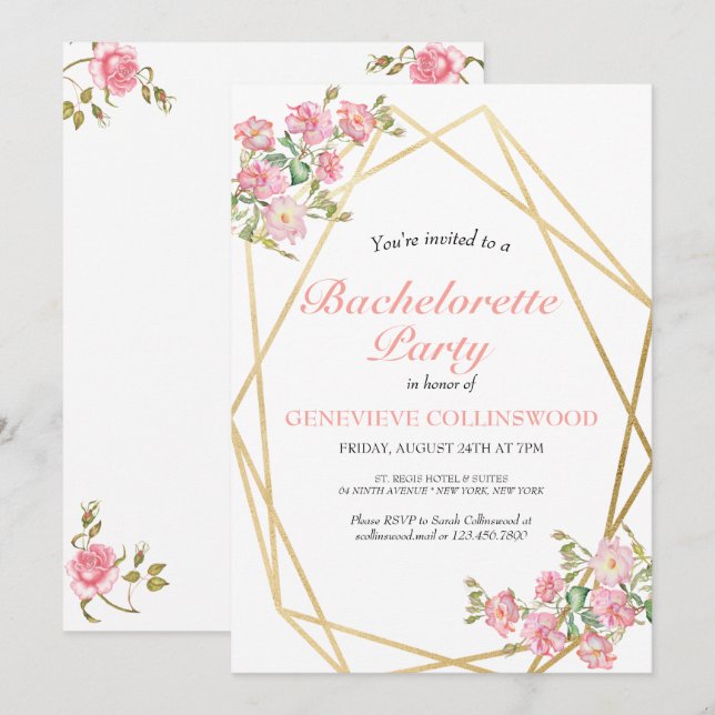 Invitación Elegante fiesta de soltera floral rosa (Anverso / Reverso)