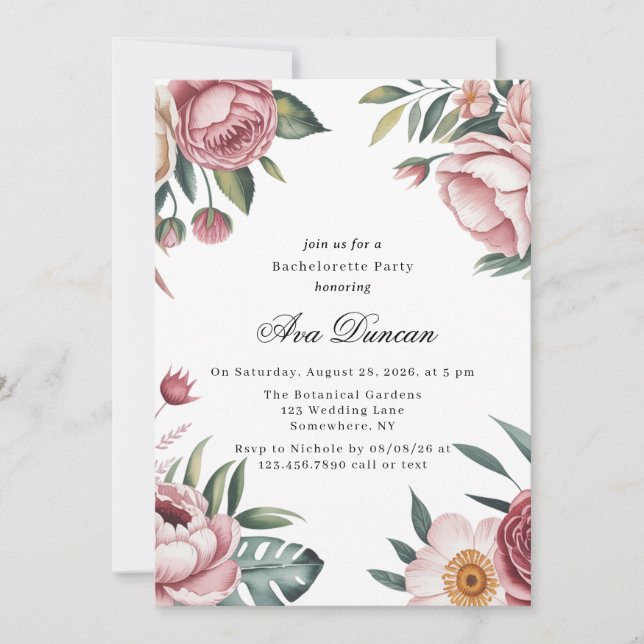 Invitación Elegante fiesta de soltera floral rosa Rubor (Anverso)