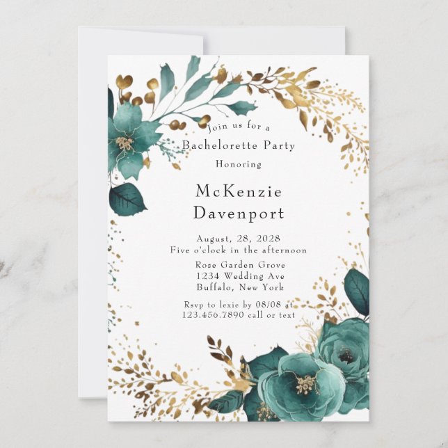 Invitación Elegante fiesta de soltera floral Verde azulada y  (Anverso)