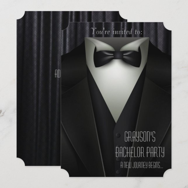 Invitación Elegante fiesta de soltero con esmoquin formal (Anverso / Reverso)