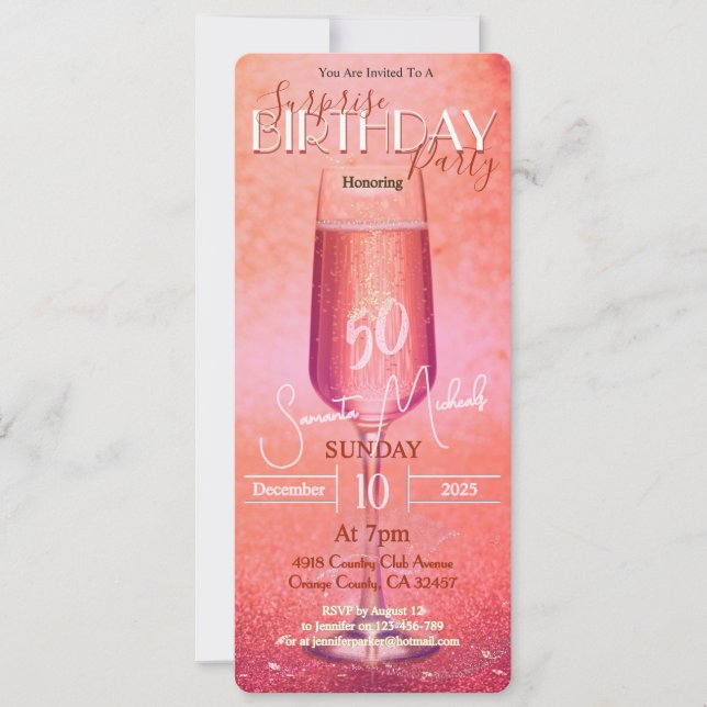 Invitación Elegante Fiesta de sorpresa de cumpleaños para adu (Anverso)