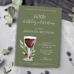 Invitación Elegante Fiesta de Sorpresa de Vino Rojo en 60 año<br><div class="desc">Elegante 60º cumpleaños Invitación a la Fiesta de Aniversario de la Sorpresa del Vino Rojo. Invitación a la fiesta de cumpleaños 60 para ella o él. Invitación con una copa de vino tinto, rosas y ramas sobre el fondo verde oliva. El texto es totalmente personalizable - personalizarlo con tu nombre,...</div>