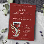 Invitación Elegante Fiesta de Sorpresa de Vino Rojo en 60 año<br><div class="desc">Elegante 60º cumpleaños Invitación a la Fiesta de Aniversario de la Sorpresa del Vino Rojo. Invitación a la fiesta de cumpleaños 60 para ella o él. Invitación con una copa de vino tinto, rosas y ramas sobre un fondo rojo. El texto es totalmente personalizable - personalizarlo con tu nombre, cualquier...</div>