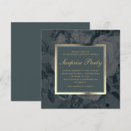 Invitación Elegante Fiesta De Sorpresa Gris Azul Floral Oscur