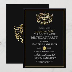 Invitación Elegante Fiesta de sorpresas de oro y mascarada ne
