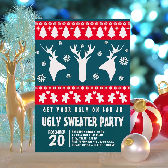 Invitación Elegante Fiesta de suéter de reno rojo y verde feo (Elegant Red and Green Reindeer Ugly Sweater Party Invitation)