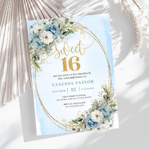 Invitación Elegante fiesta de Sweet Sixteen floral azul polvo