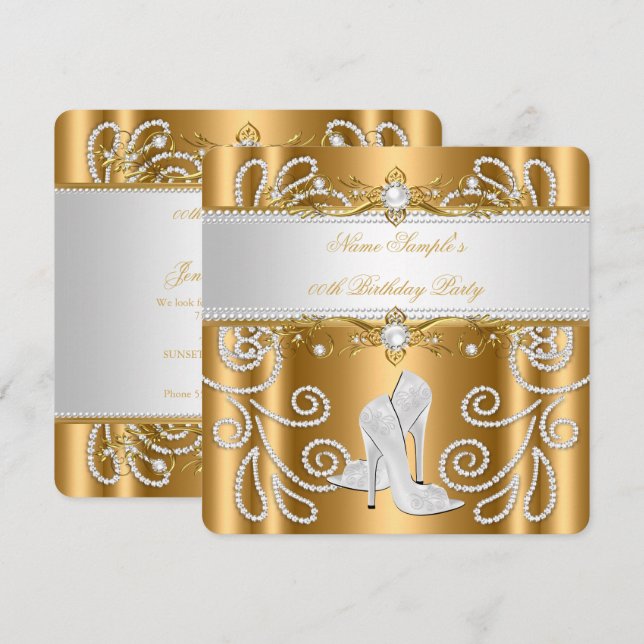 Invitación Elegante Fiesta de tacón alto de perla blanca dora (Anverso / Reverso)