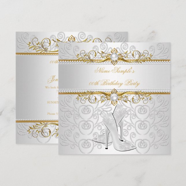 Invitación Elegante Fiesta de tacón alto de perla blanca dora (Anverso / Reverso)