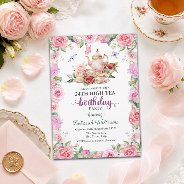 Invitación Elegante fiesta de té alto de cumpleaños 24 (Subido por el creador)