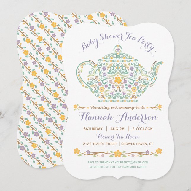Invitación Elegante Fiesta de té Baby Shower - Tetera (Anverso / Reverso)