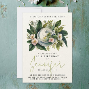 Invitación Elegante Fiesta de Té Chic Cumpleaños Floral Acuar