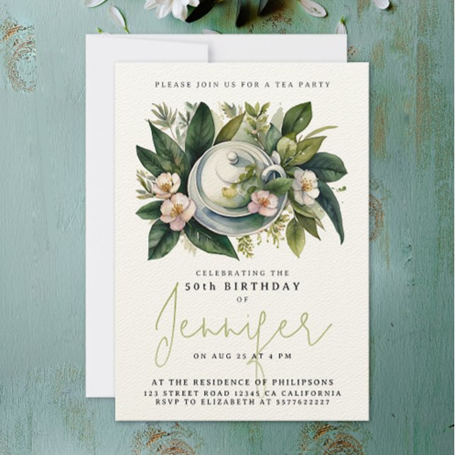 Invitación Elegante Fiesta de Té Chic Cumpleaños Floral Acuar (Subido por el creador)