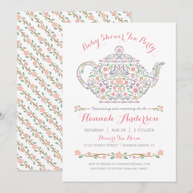Invitación Elegante Fiesta de té Chica Baby Shower ・ Tetera (Anverso / Reverso)