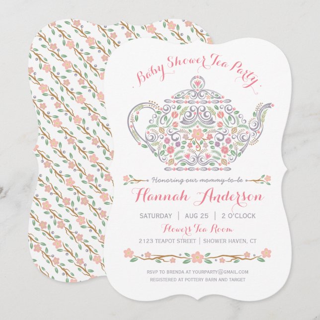 Invitación Elegante Fiesta de té Chica Baby Shower ・ Tetera (Anverso / Reverso)