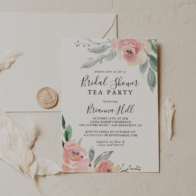 Invitación Elegante Fiesta de té con flores de Rubor rosa con (Subido por el creador)