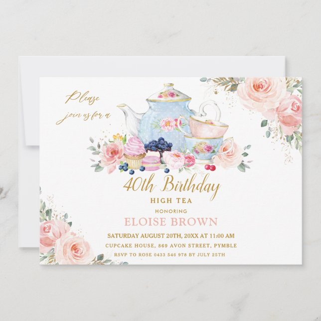 Invitación Elegante Fiesta de té con flores rosadas de Rubor (Anverso)
