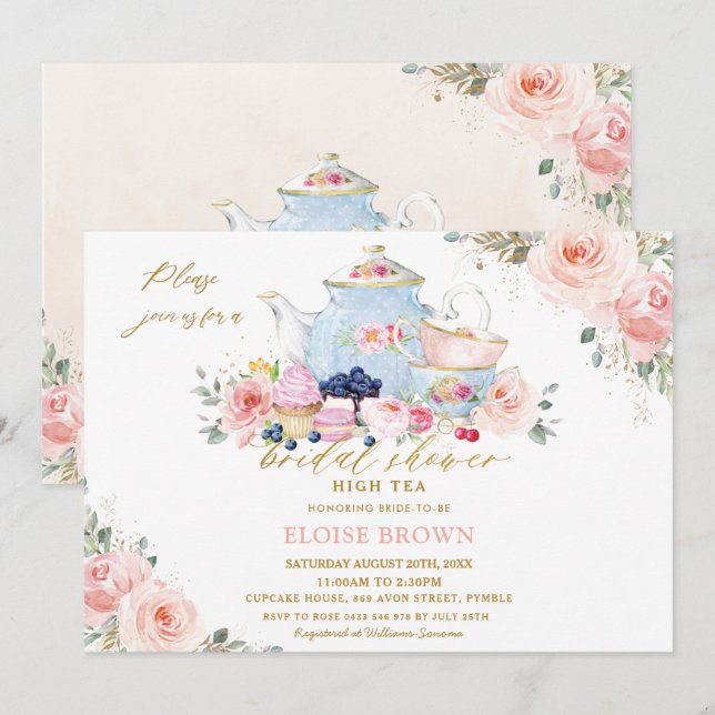 Invitación Elegante Fiesta de té con flores rosadas de Rubor (Anverso / Reverso)