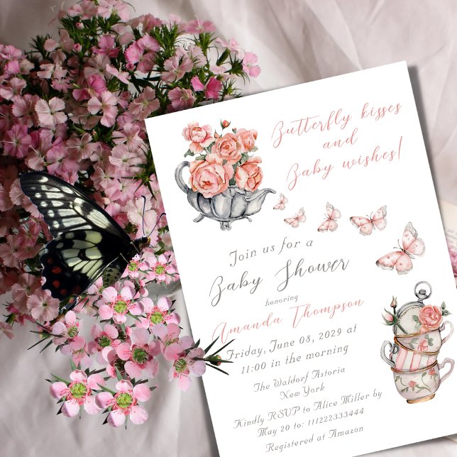 Invitación Elegante Fiesta de té con mariposa rosa de Rubor b (Subido por el creador)
