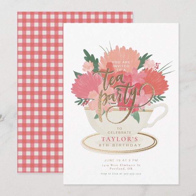 Invitación Elegante fiesta de té con té con té floral (Anverso / Reverso)
