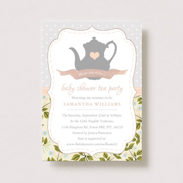 Invitación Elegante Fiesta de té de Baby Shower con tetera fl (Subido por el creador)
