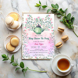 Invitación Elegante Fiesta de té de Baby Shower Teapot Floral