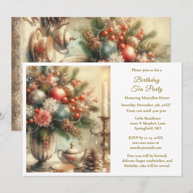 Invitación Elegante Fiesta de té de cumpleaños (Anverso / Reverso)