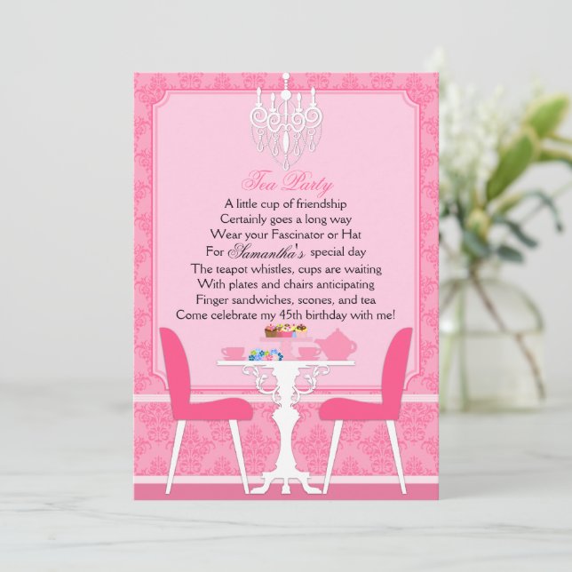 Invitación Elegante Fiesta de té de cumpleaños de Damasco ros (Anverso de pie)