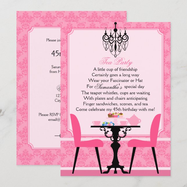 Invitación Elegante Fiesta de té de cumpleaños de Damasco ros (Anverso / Reverso)
