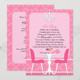 Invitación Elegante Fiesta de Té de Cumpleaños en Rosa Damask