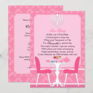 Invitación Elegante Fiesta de Té de Cumpleaños en Rosa Damask