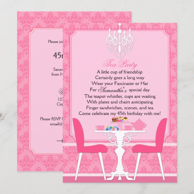 Invitación Elegante Fiesta de Té de Cumpleaños en Rosa Damask (Anverso / Reverso)