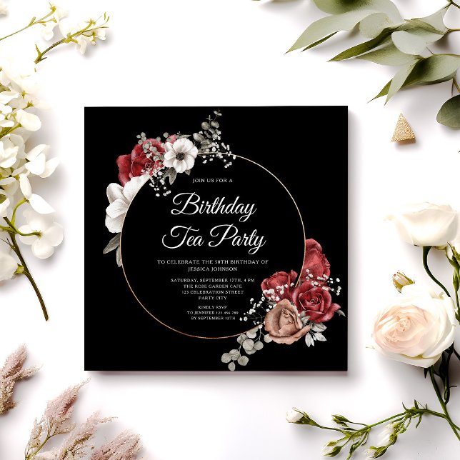 Invitación Elegante fiesta de té de cumpleaños floral roja do (Elegant Floral Red Rose Gold Birthday Tea Party Invitation)