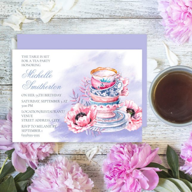 Invitación Elegante fiesta de té de cumpleaños número 75 de c (Elegant purple and pink tea party birthday party for any age)