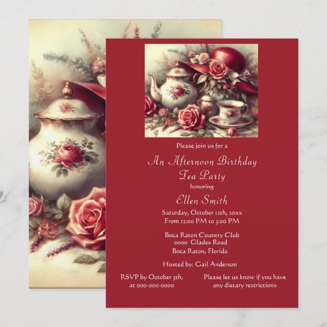 Invitación Elegante Fiesta de té de cumpleaños Rosa Roja (Anverso / Reverso)
