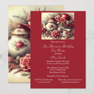 Invitación Elegante Fiesta de té de cumpleaños Rosa Roja