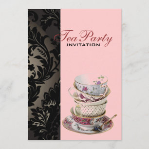 Invitación Elegante fiesta de té de damasco negro dorado form