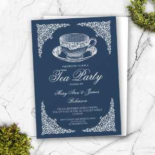 Invitación Elegante Fiesta de té de época azul