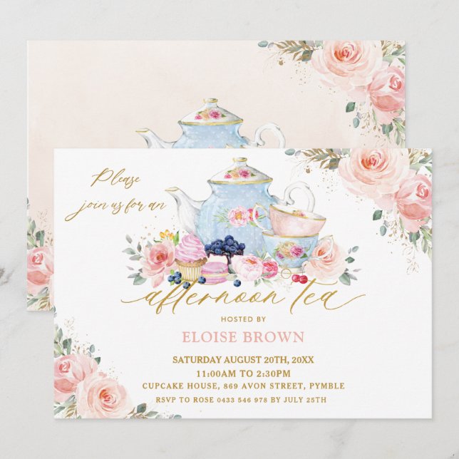 Invitación Elegante Fiesta de té de la tarde con flores rosad (Anverso / Reverso)